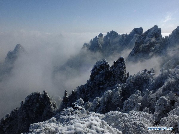 Scenery on snow-covered Huangshan Mountain